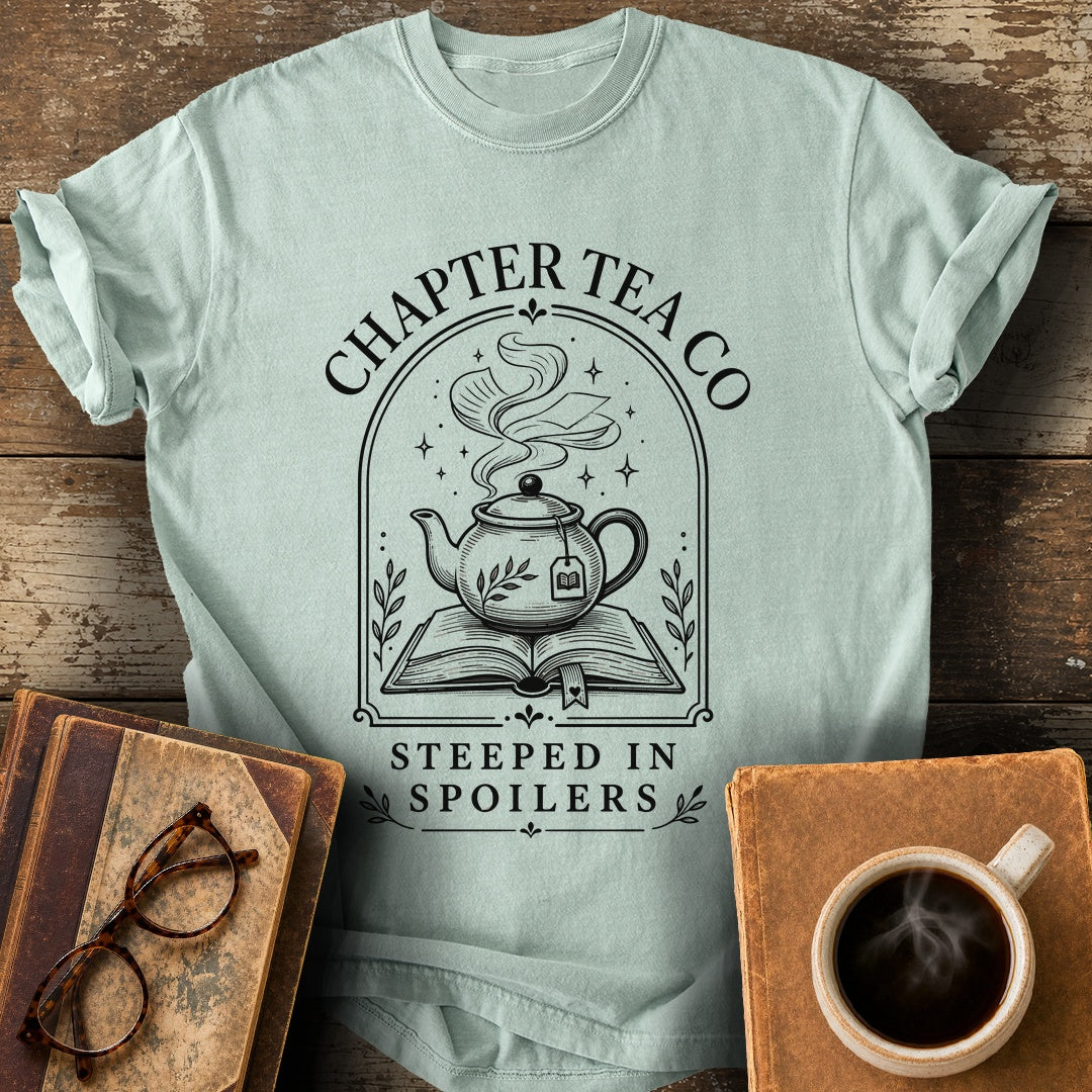 Chapter Tea Co Steeped in Spoilers Tee - bay shirt mockup